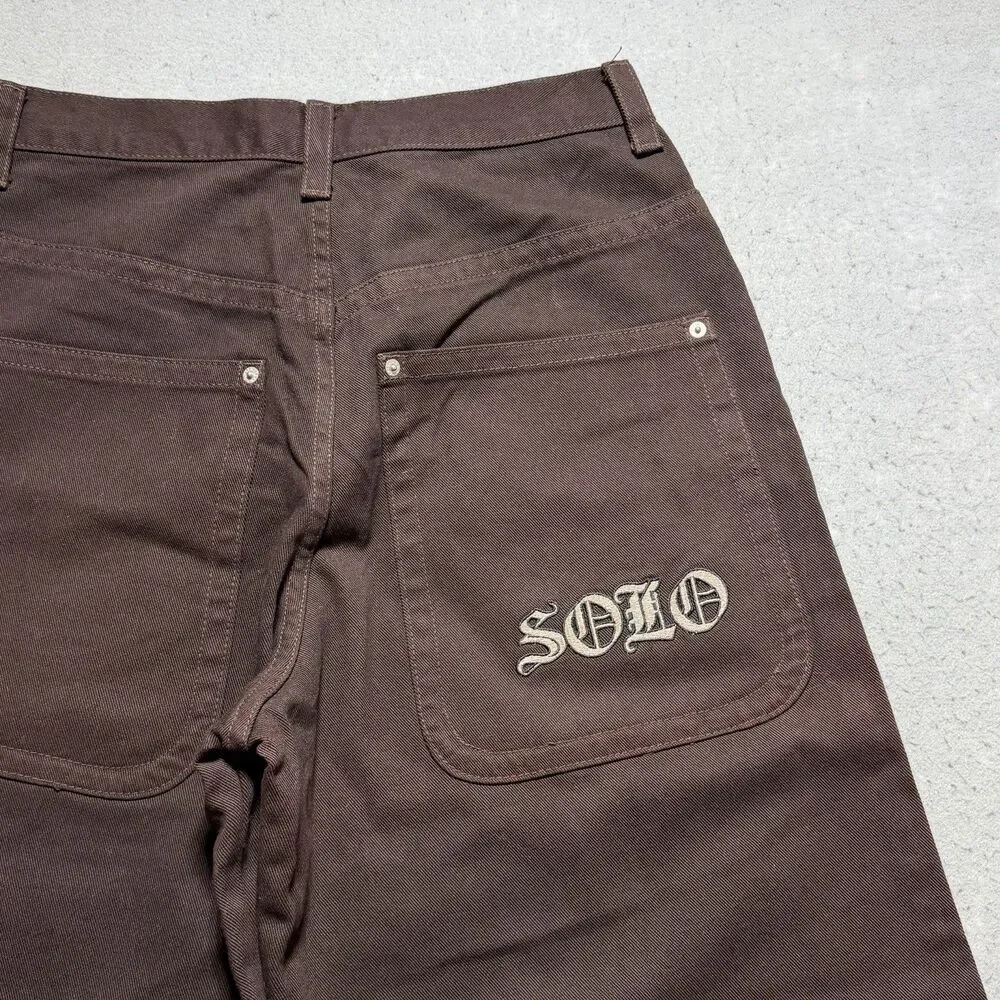 VTG Solo Semore Brown Baggy Embroidered Denim Jeans 34x30 90s USA Y2K Wide Jnco